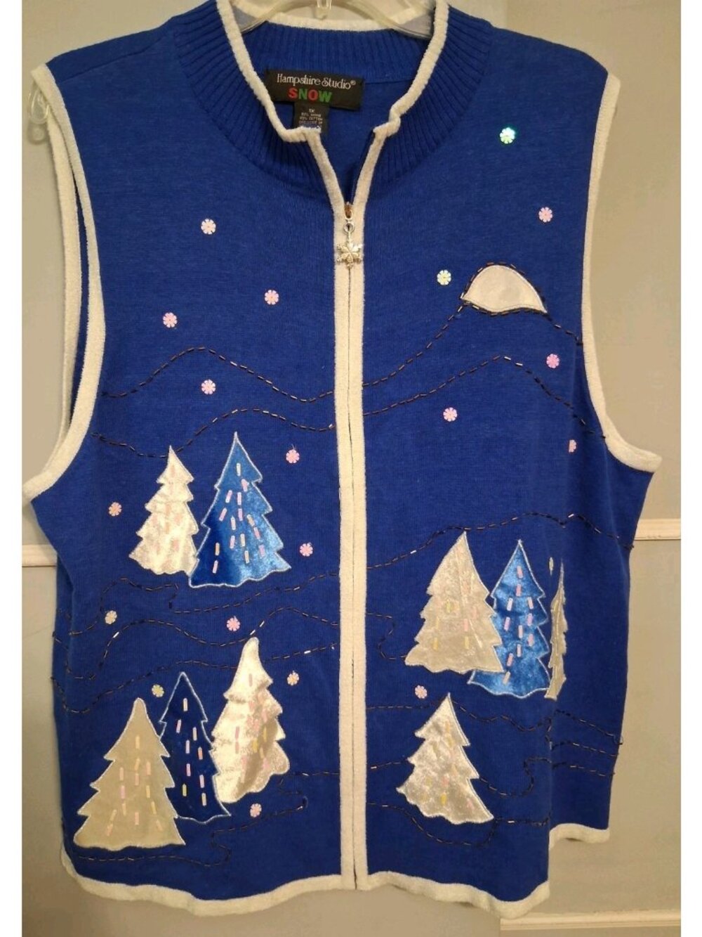 90's Hampshire Studio Snow Christmas Blue Sweater Vest Full Zip Trees 1X Teacher